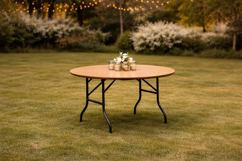 60-inch wood-grain round guest table on a lawn with a small centerpiece, set for an outdoor evening event in Connecticut