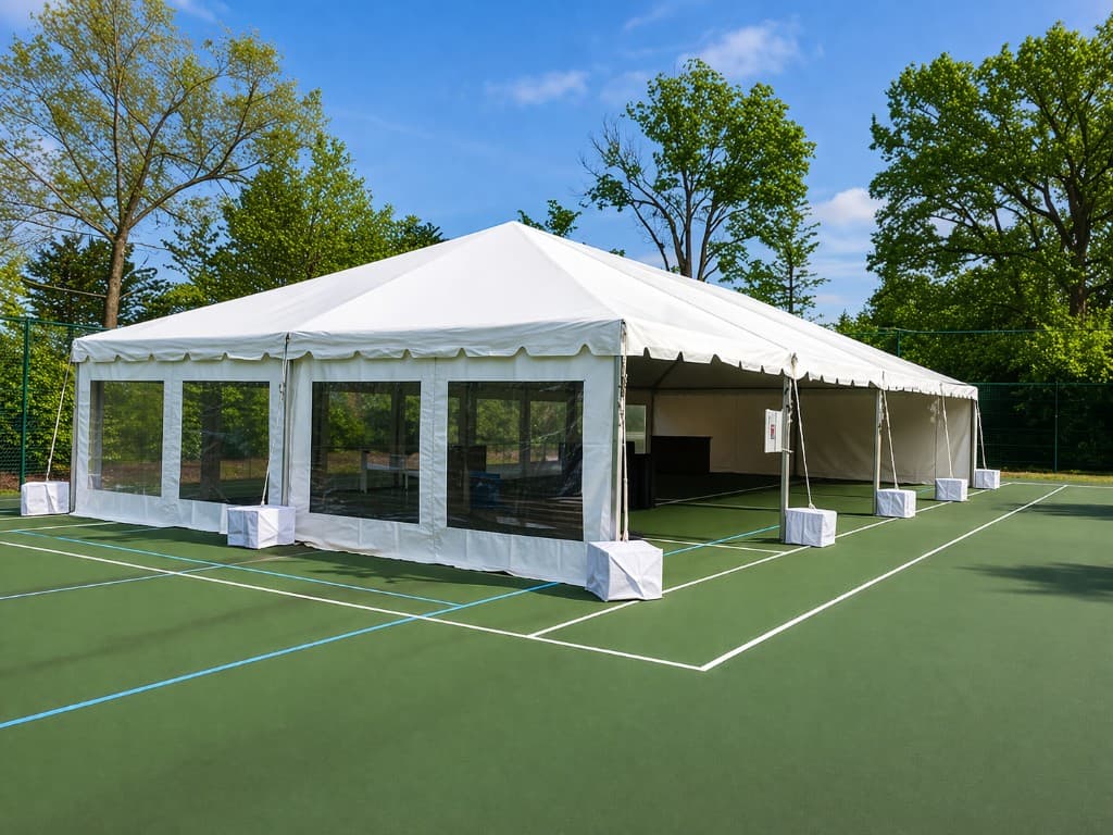 Large white event tent with clear window sidewalls and weighted ballasts installed on a green tennis court in Farmington, CT