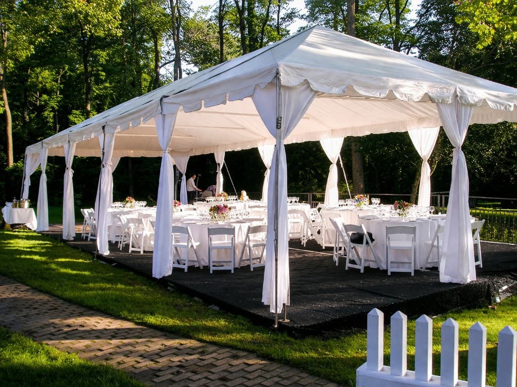 High-peak tent interior with open sides for airflow at an outdoor event