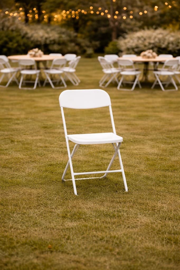 White folding chair on a Connecticut lawn with round guest tables, white chairs, and warm string lights for an outdoor evening reception.
